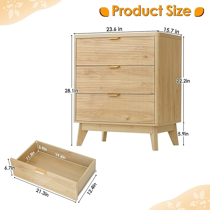3 Drawer Fluted Nightstand for Bedroom, Modern Wood Chest of Drawers - Image 2