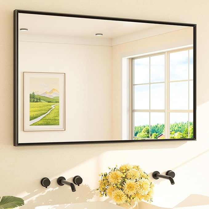 TETOTE Black Bathroom Vanity Mirror Beveled Frame 48" x 30" Black Rectangle by TETOTE