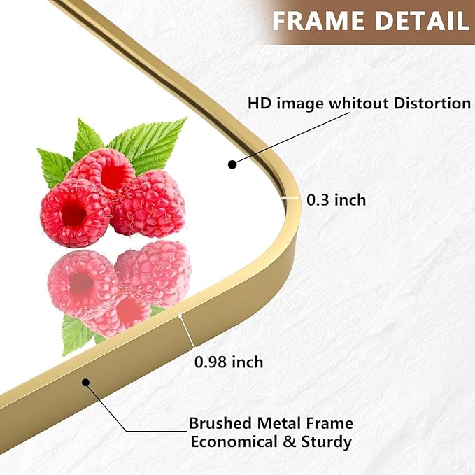 Brushed Gold Mirror, Metal Frame Rectangle Corner Vanity Mirror, Wall Mounted - Image 3
