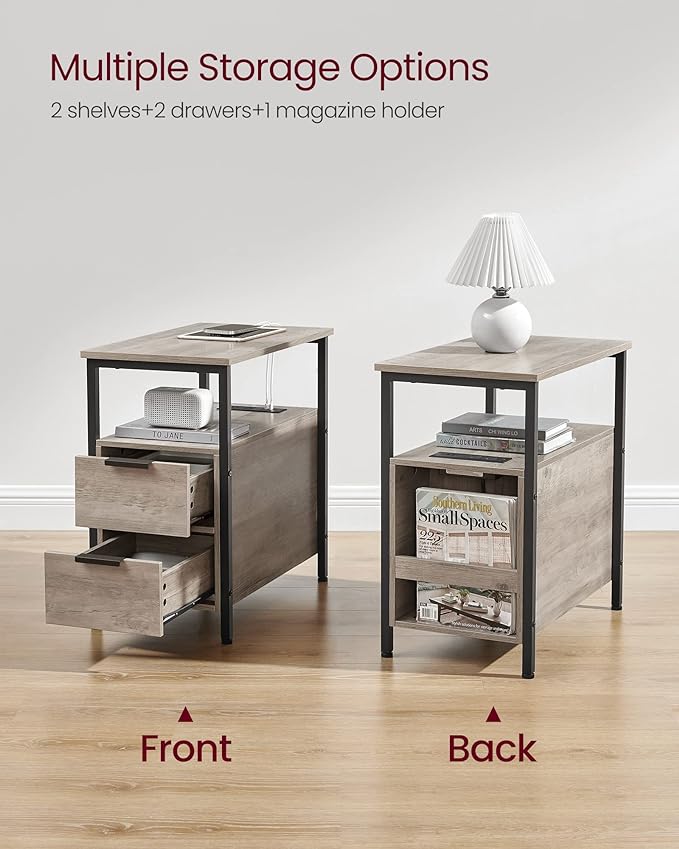 VASAGLE Side Table with Charging Station, Narrow End Table with 2 Drawers - Image 5