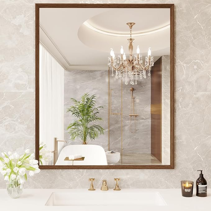 Rectangle Bathroom Mirror 30x36 Inch, Walnut Wood Grain Framed, Anti-Rust & 4mm - Image 2