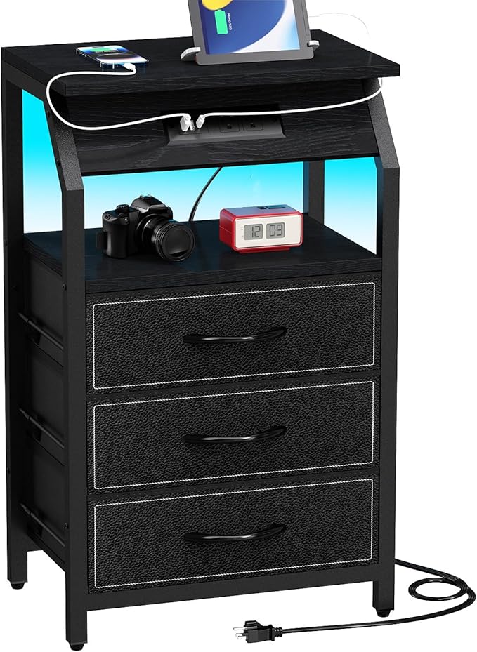 End Table with 3 Drawers, Nightstand with Charging Station and LED Lights by SZLHANJZ