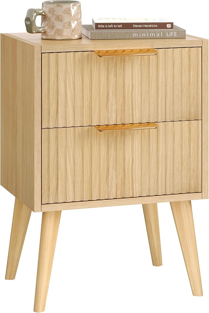 Fluted Nightstand with 2 Drawers, Modern Bedside Table with Metal Handles by YAUKOMEL
