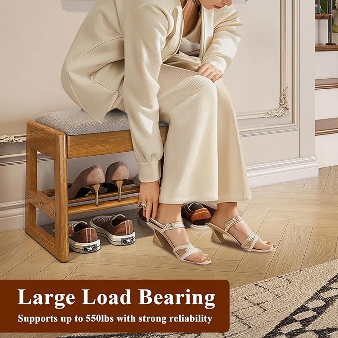 Shoe Rack Bench with Cotton-Linen Cushion 2-Tier Wooden Storage Bench 550lbs - Image 5