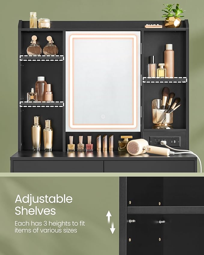 VASAGLE Vanity Desk with Power Outlets, Makeup Vanity with Mirror and Lights - Image 8
