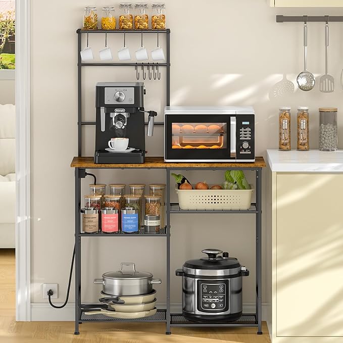 Bakers Rack with Power Outlet, Kitchen Microwave Stand with 10 S-shaped Hooks by 3IngSeagulls