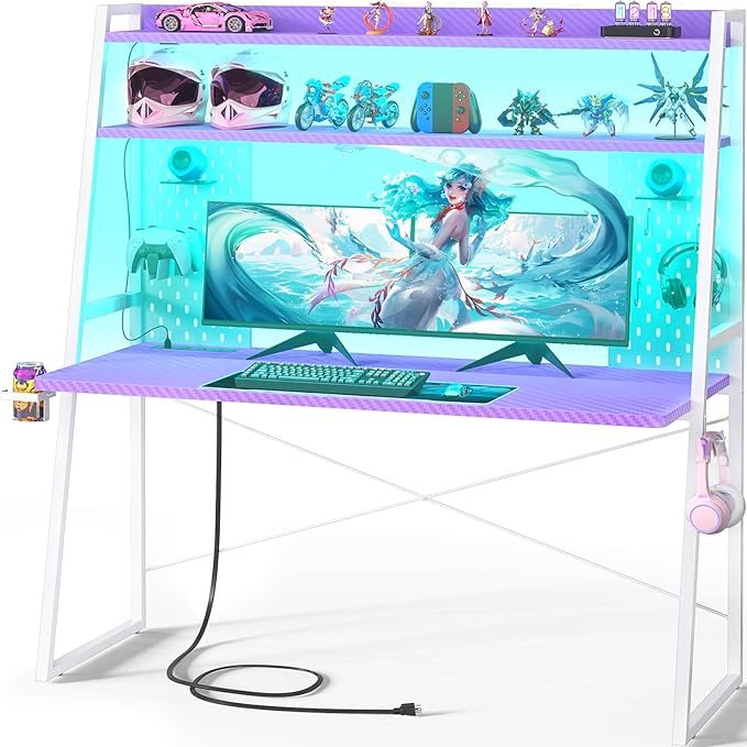 Gaming Desk with Hutch and LED Lights, Gaming Computer Desk with Power Outlets by Besiost