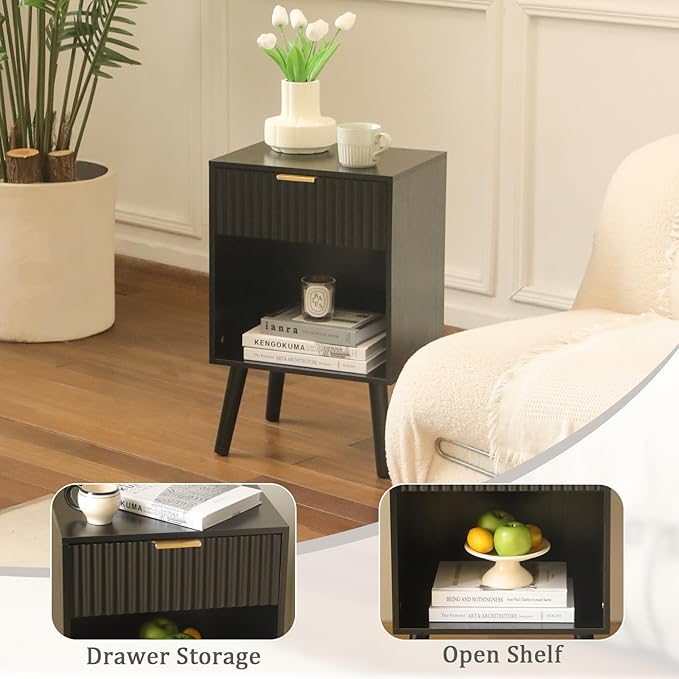 Fluted Black Nightstand with Charging Station, Mid Century Modern Bedside Table - Image 7