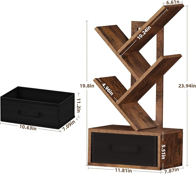 Small Bookshelf with Drawer, 4 Tier Tree Book Shelf, Wood Desk Bookshelves - Image 3