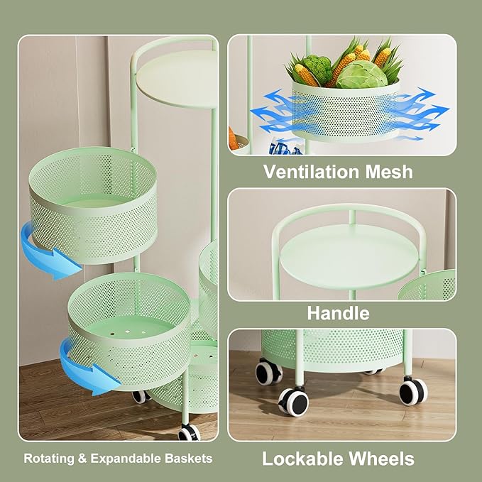 JAQ Rotating Fruit Basket, 5-Tier Metal Sturdy Kitchen Storage Rack Shelf Carts - Image 5