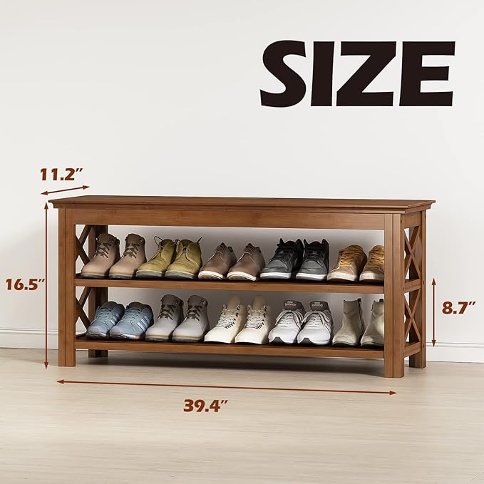 Bamworld Shoe Rack Bench with Storage 3 Tier Bamboo Shoe Bench Entryway Rustic - Image 2