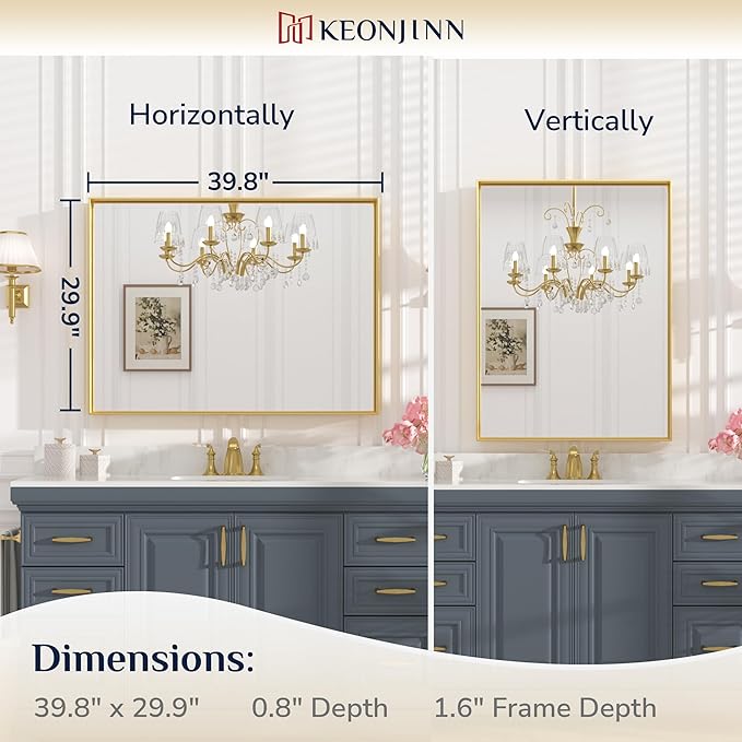 Keonjinn Gold Bathroom Mirror 40 x 30 Inch, Brushed Gold Mirror - Image 7