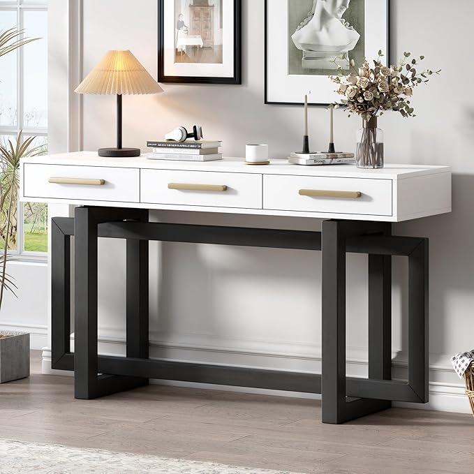 57” Console Sofa Table with 3 Storage Drawers, Modern Long Narrow Behind Couch by Merax