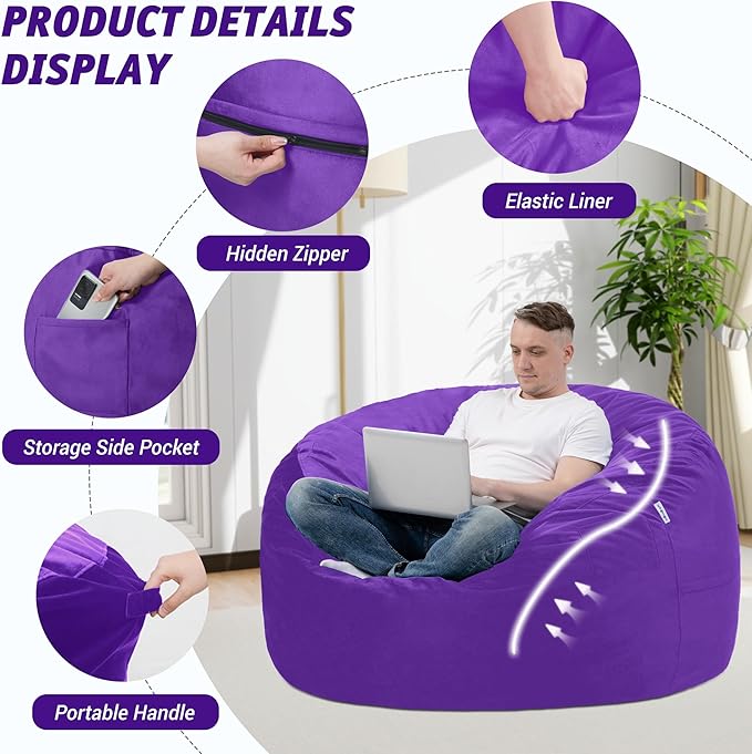 3FT Bean Bag Chair with Ultra Soft Velvet Cover Bean Bag Sofa with Memory Foam - Image 4