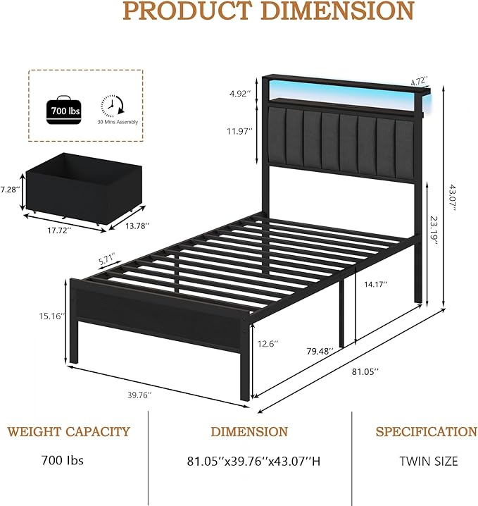 Furnulem Twin Bed Frames with Charging Station and LED Lights, Metal Platform - Image 2