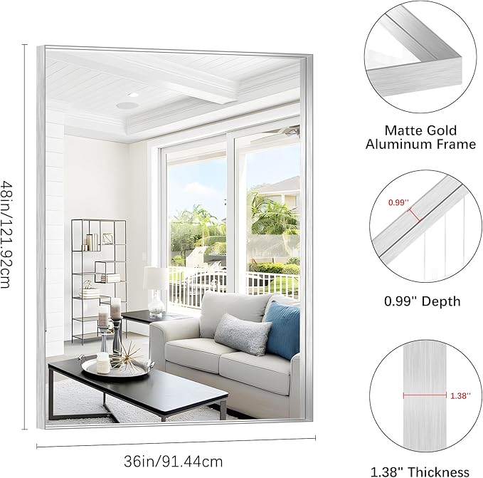 Silver Bathroom Mirror, 36x48 Inch Rectangular Deep Frame Mirror, Large Wall - Image 3