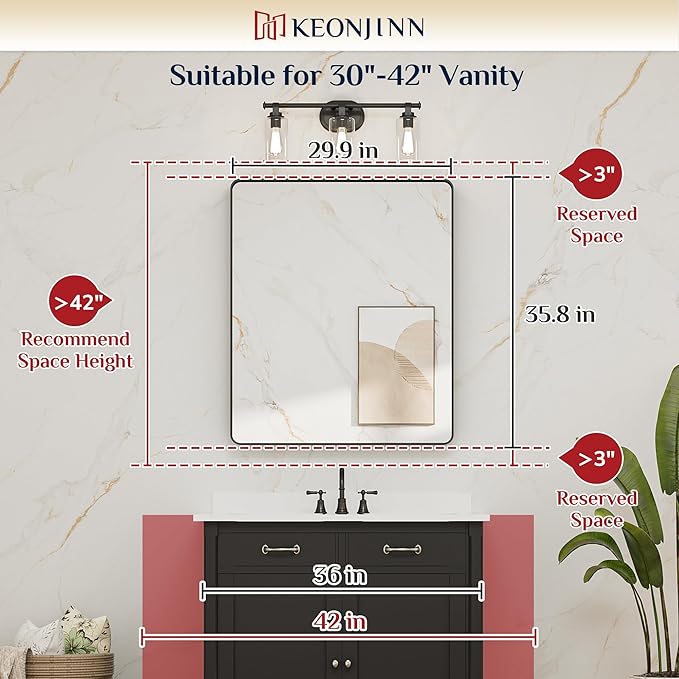 Keonjinn Black Framed Mirrors for Bathroom 30 x 36 Inch Rounded Rectangle Wall - Image 5