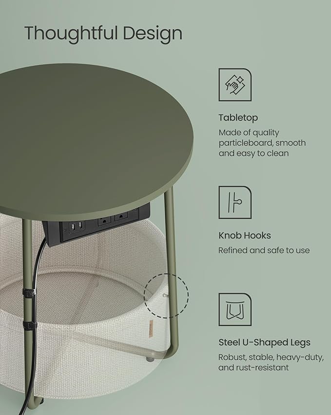 VASAGLE Side Table with Charging Station, Round End Table with Fabric Basket - Image 7