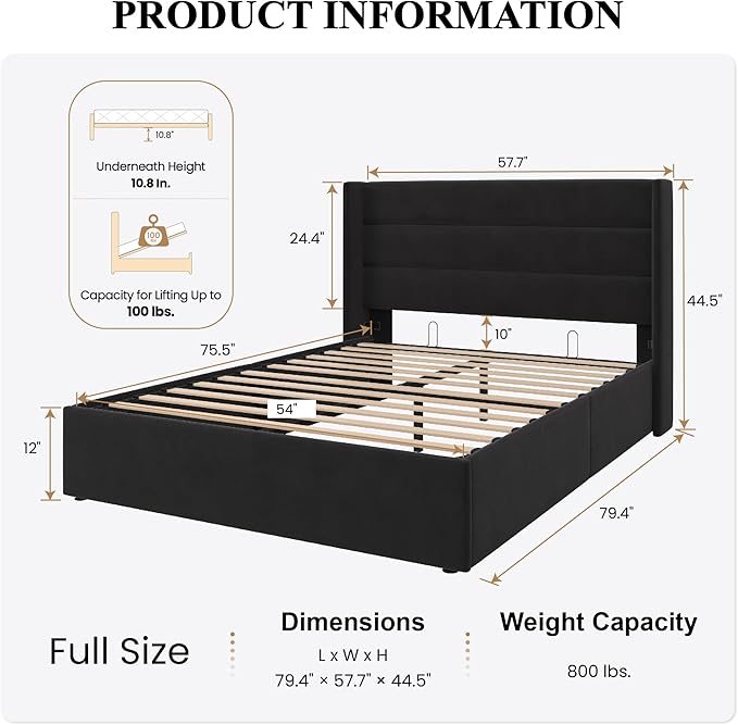 SHA CERLIN Full Size Lift Up Storage Bed/Velvet Upholstered/Modern Wingback - Image 2