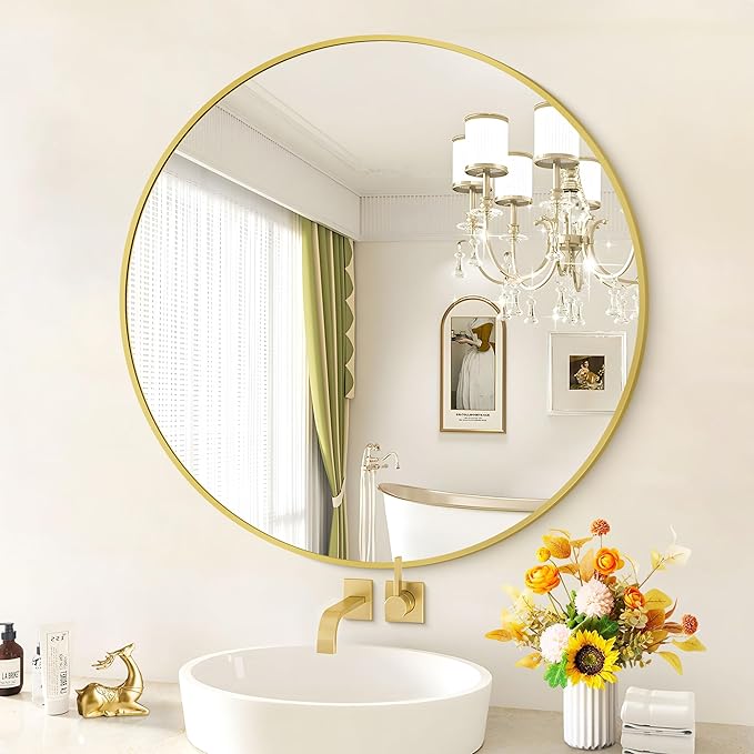 Gold Round Mirror, 39 Inch Wall Mounted Aluminum Alloy Metal Frame Mirror - Image 2