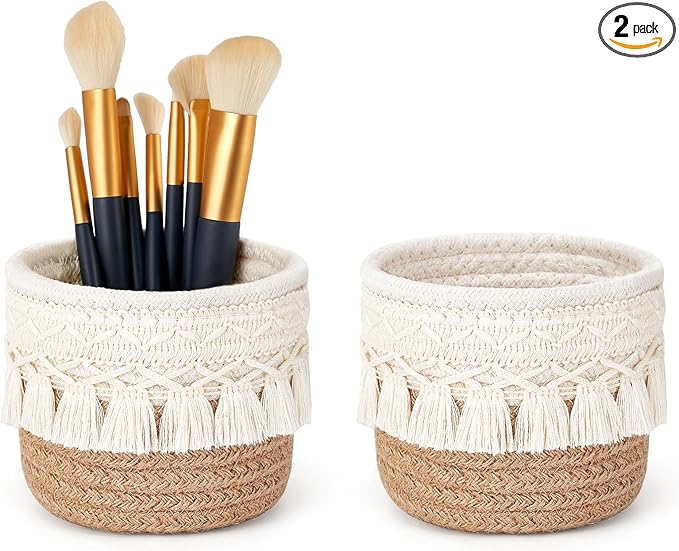 Mkono Macrame Makeup Brush Holder Organizer Comb Brushes Mini Storage Basket by Mkono