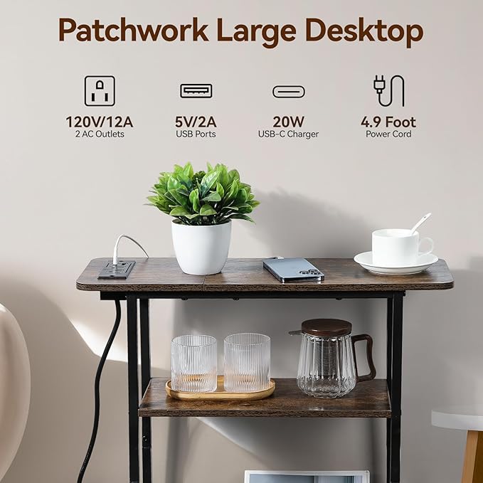 Narrow Side Table with USB-C Charging Station, 3-Tier Slim End Table with - Image 6