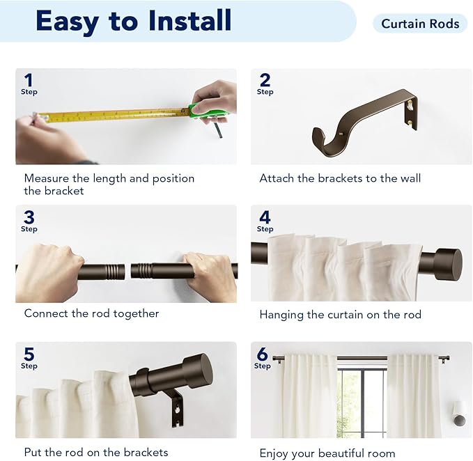 2 Pack Curtain Rods for Windows 72 to 144 Inch, 1 Inch Bronze Curtain Rods Set - Image 7