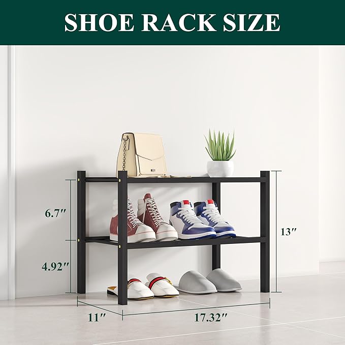 Smiry Shoe Rack, 2 Tier Small Bamboo Shoe Organizer, Stackable Free Standing - Image 2