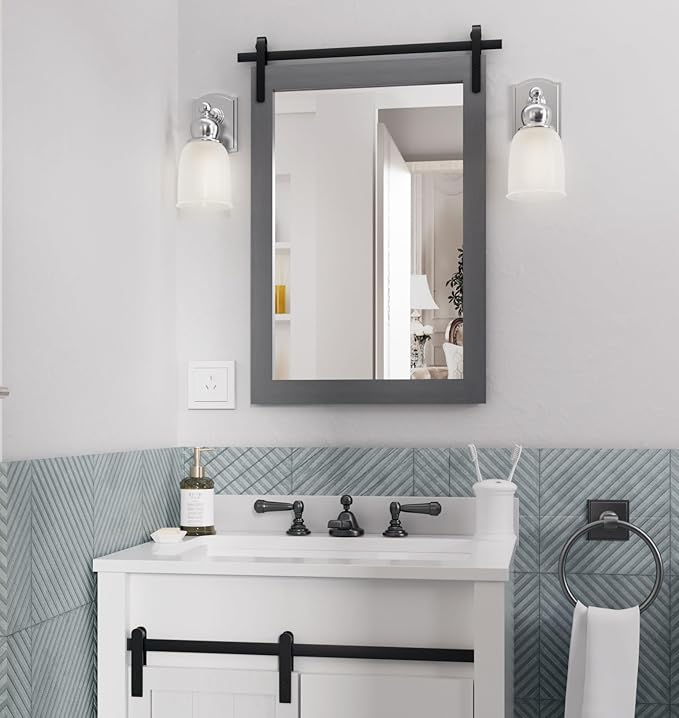 Farmhouse Wall Mirror, Rustic Wood Frame Bathroom Mirror Barn Door Inspired - Image 2