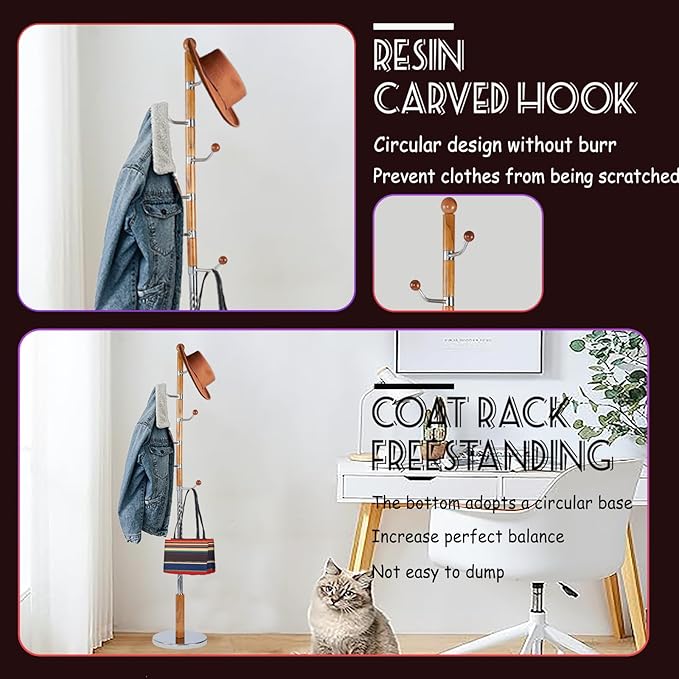 68 in Wood Coat Rack, Coat Rack Freestanding - Image 3