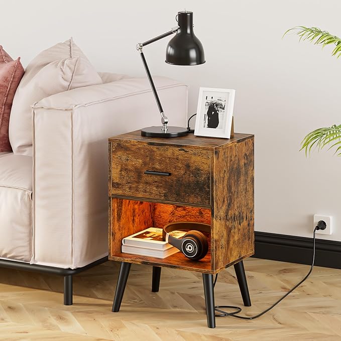 Nightstand with Charging Station and LED Lights, Small Side Table, Bedside by Aienvey
