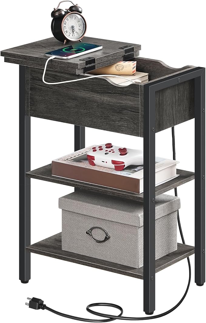 HOOBRO End Table with Charging Station, Narrow Side Table, Flip Top Nightstand - Image 9