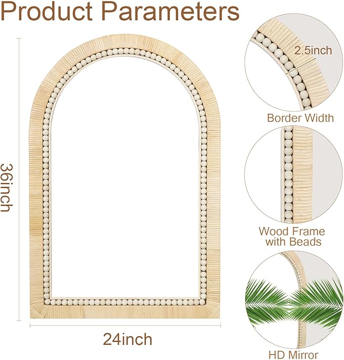 ULIKE Rattan Mirror for Bathroom, 24x36 Inch Arch Rustic Farmhouse Wall Decor - Image 2