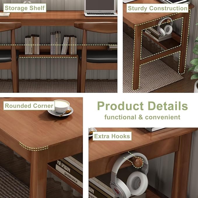Solid Wood Long Desk 63 inch Home Office Work Desk, 2-Person Simple Writing - Image 7