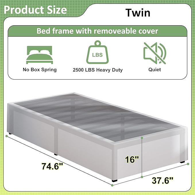 16 Inch Twin Bed Frames with White Skirt Cover, Metal Twin Size Bed Frame with - Image 2