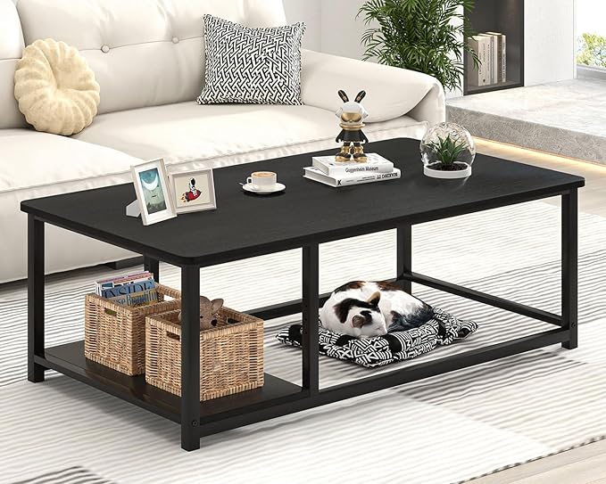EXCEFUR Black Coffee Table, Rustic Wood Living Room Table - Image 6