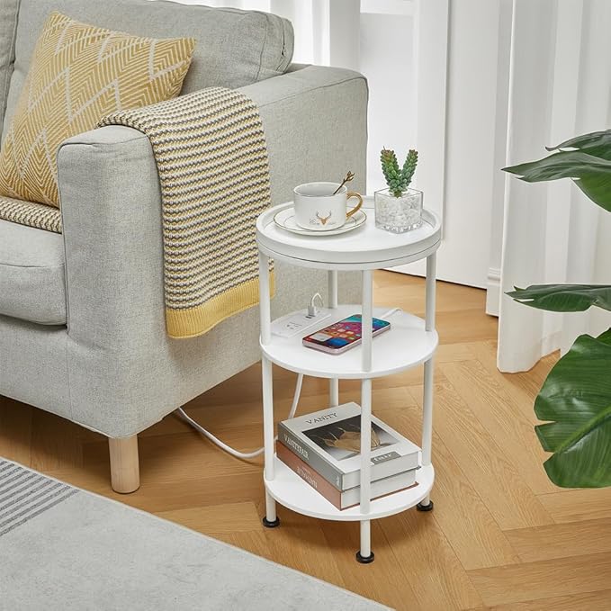 Small Round End Table with Charging Station, 3-Tier Accent Couch Beside Table - Image 2