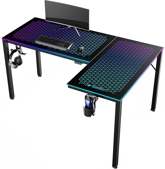 EUREKA ERGONOMIC RGB LED Lights 60 Inch L Shaped Reversible Black Glass Gaming by EUREKAERGONOMIC
