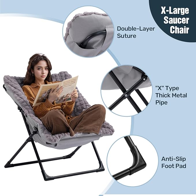HollyHOME X-Large Saucer Chair, Comfy Oversized Folding Chair, Faux-Fur Reading - Image 6