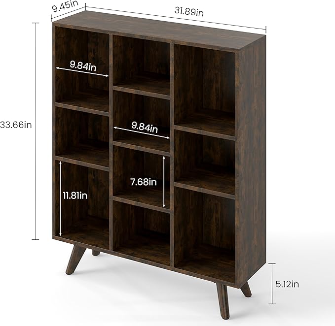 Manora Rustic Brown 10 Cube Mid Century Modern Bookshelf, Wooden Storage - Image 3