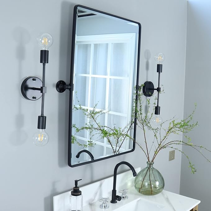 TEHOME Matt Black Pivot Rectangle Bathroom Vanity Mirrror Farmhouse Tiltable - Image 9
