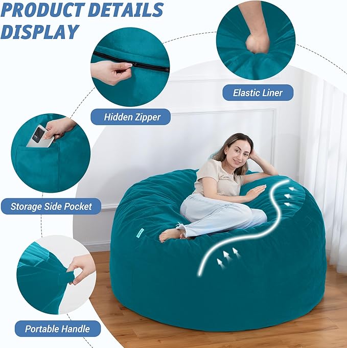 5FT Bean Bag Chair with Ultra Soft Velvet Cover Bean Bag Sofa with Memory Foam - Image 4