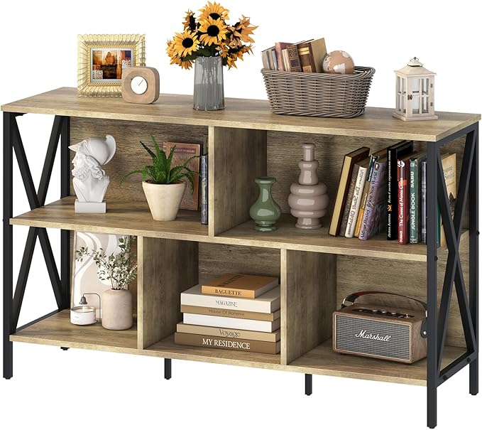 Horizontal Bookshelf, Industrial Modern 5 Cube Low Wide Cubby Bookcase by Adompacat