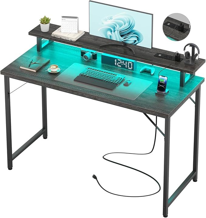Computer Desk with USB Power Outlets and LED Lights, 47 inch Gaming Desk with by Hyomdeck