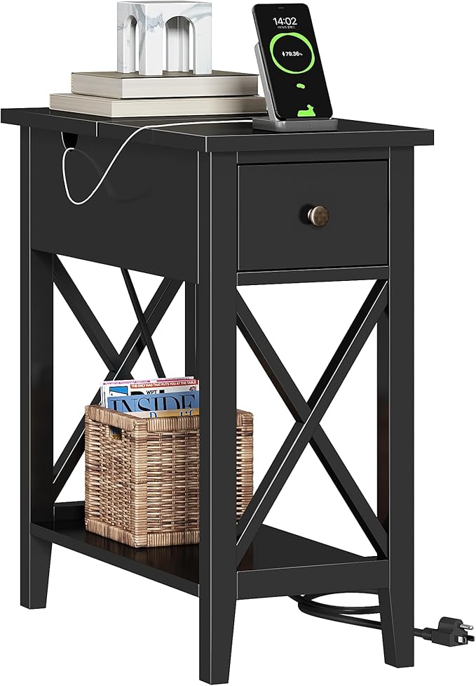 ChooChoo End Table with Charging Station, Narrow Side Table with USB Ports and by ChooChoo