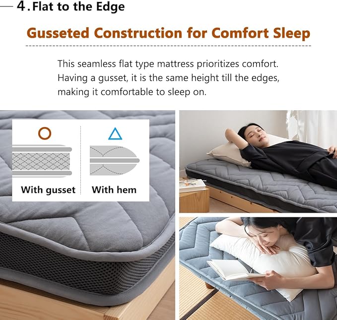 EMOOR Japanese Wool-Blend Padded Futon Mattress GOMA King Dark Gray, Gusset - Image 6