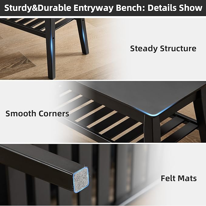 Nnewvante Bamboo Entryway Bench, 33.46" End of Bed Bench, 2 Tier Black Bench - Image 7