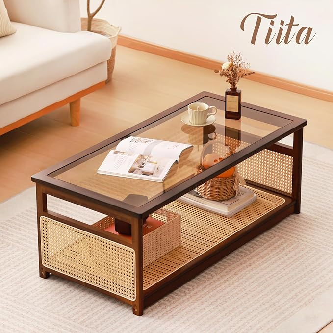 Tiita Coffee Tables for Living Room，Mid Century Modern Storage 2-Tier Coffee - Image 5