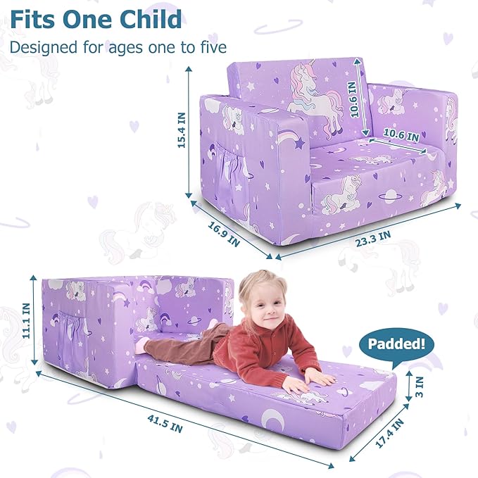 Kids Couch, 2-in-1 Kids Fold Out Sofa, Convertible Toddler Couch to Lounger - Image 2