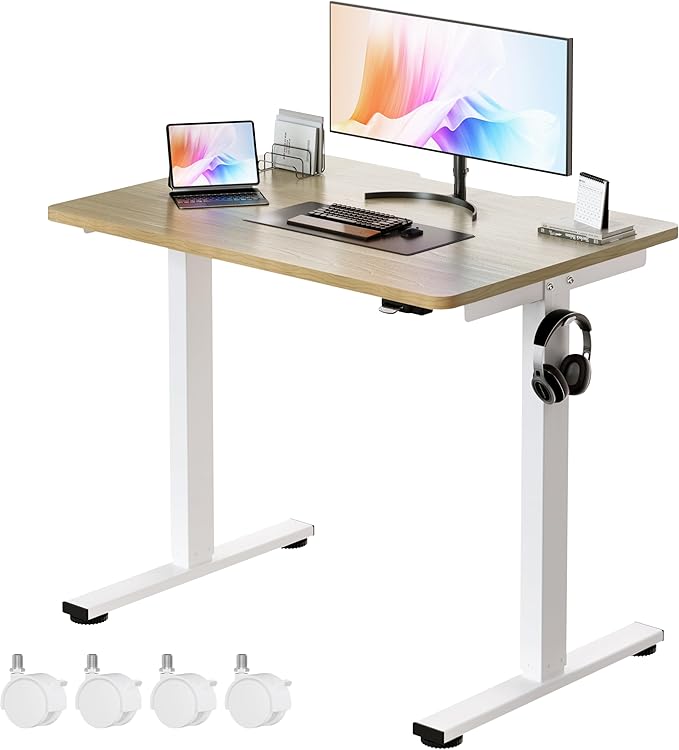 Okin Small Electric Standing Desk, Oak Sit to Stand Computer Workstation by Okin